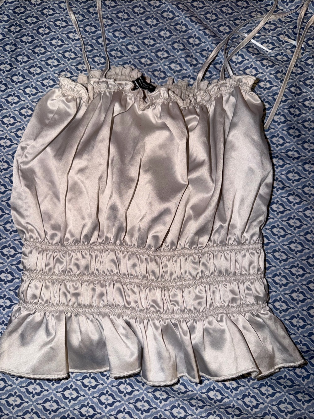 Zara Cream Satin Smocked Peplum Cami